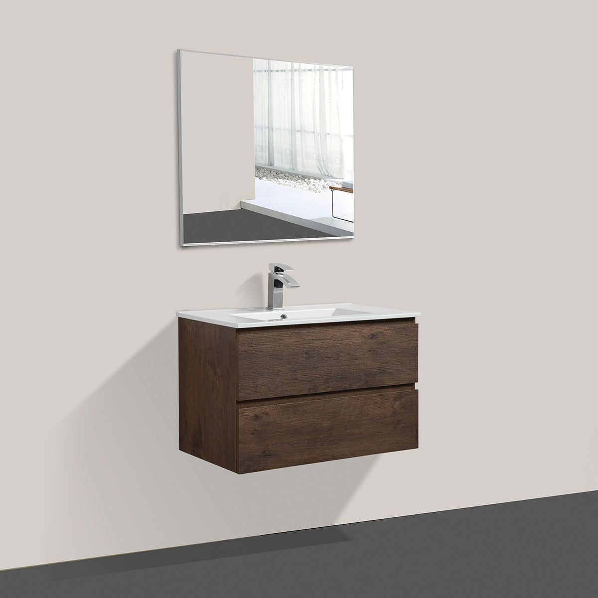30" V9005 Angela Wall Hung Vanity & Ceramic Sink (Rose Wood)