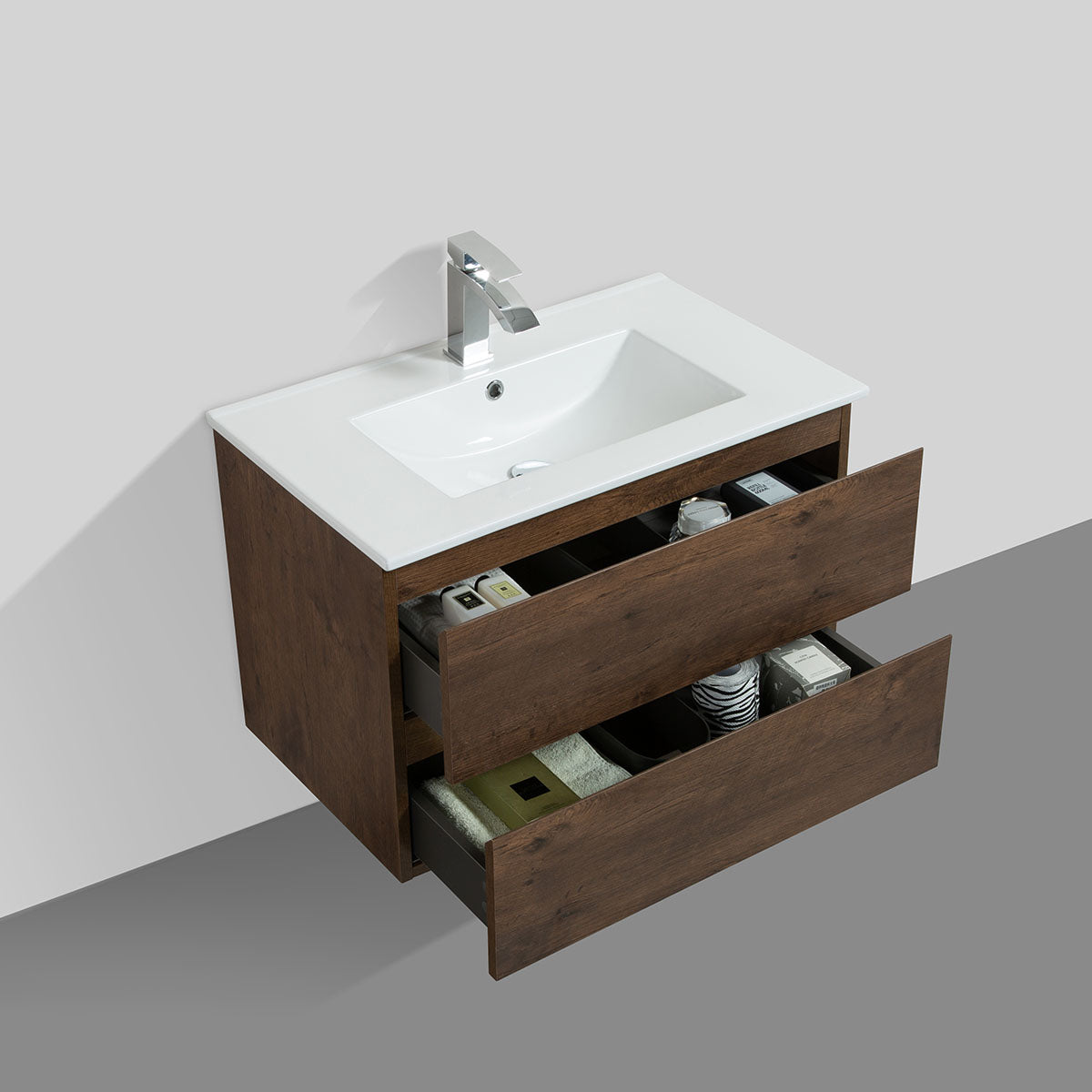 24"  V9005 Angela Wall Hung Vanity & Ceramic Sink (Rose Wood)