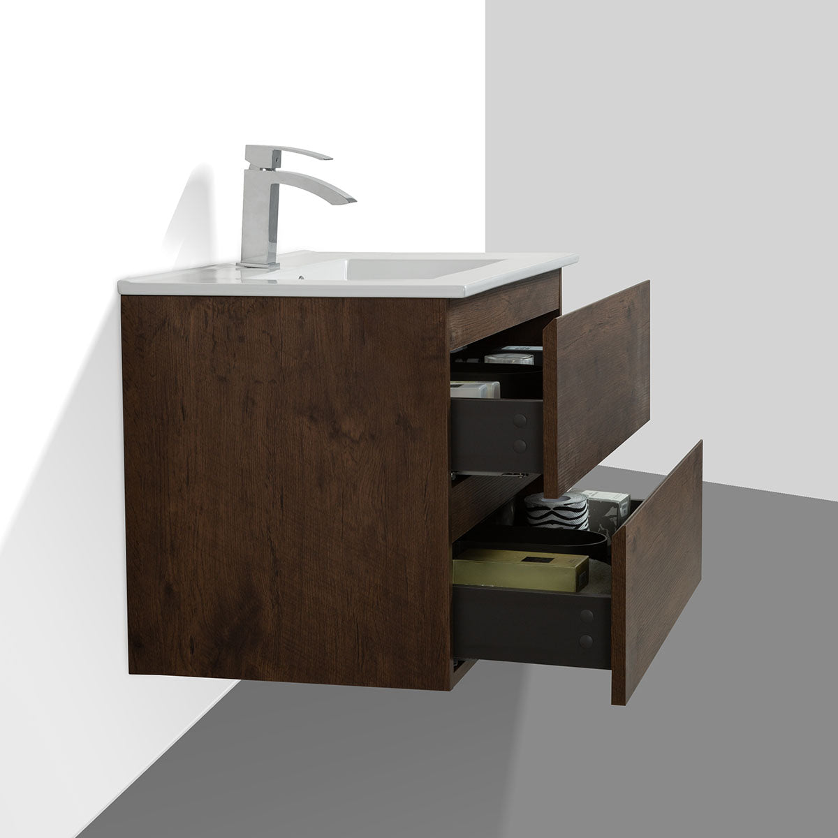 30" V9005 Angela Wall Hung Vanity & Ceramic Sink (Rose Wood)