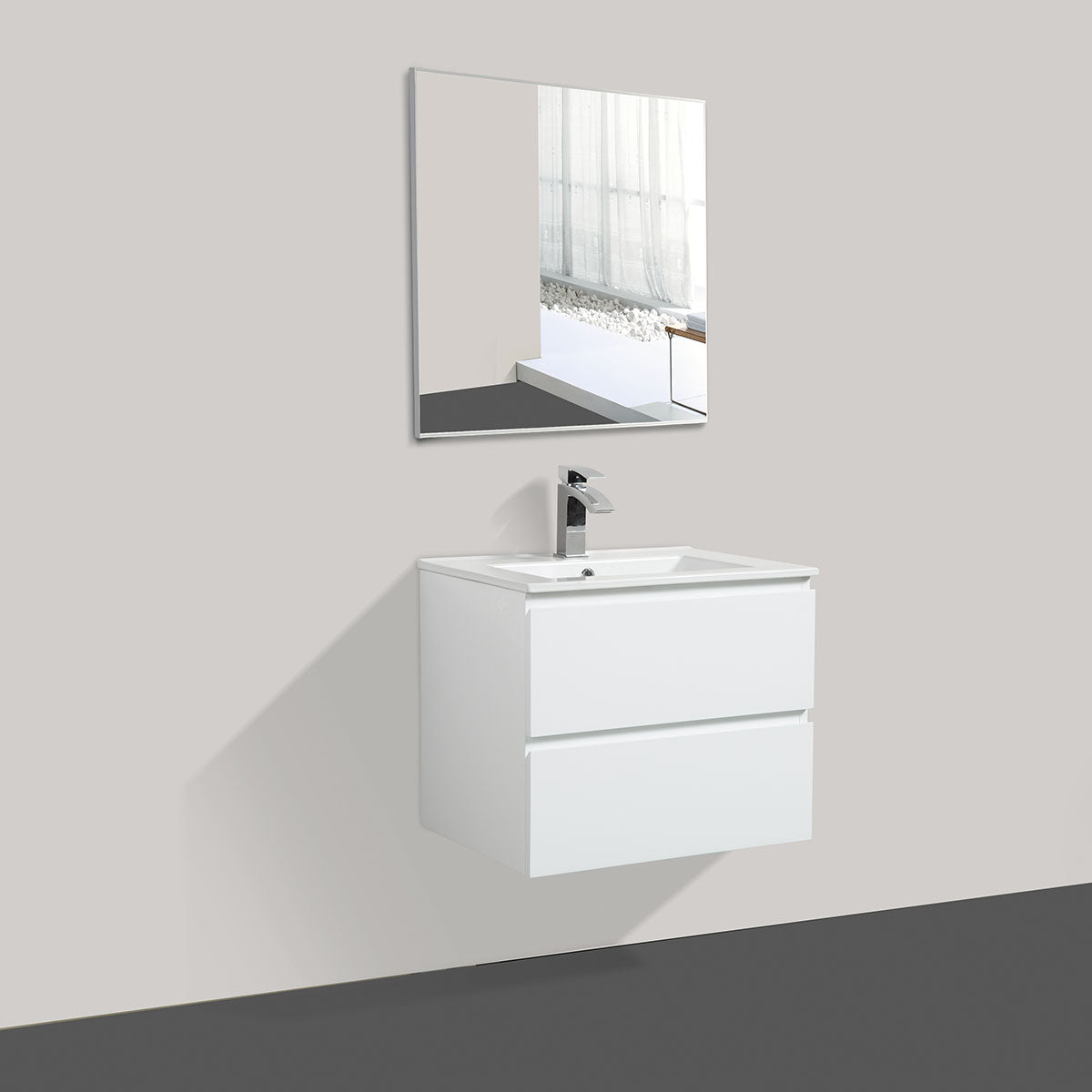 24" V9005 Angela Wall Hung Vanity & Ceramic Sink (Glossy White)