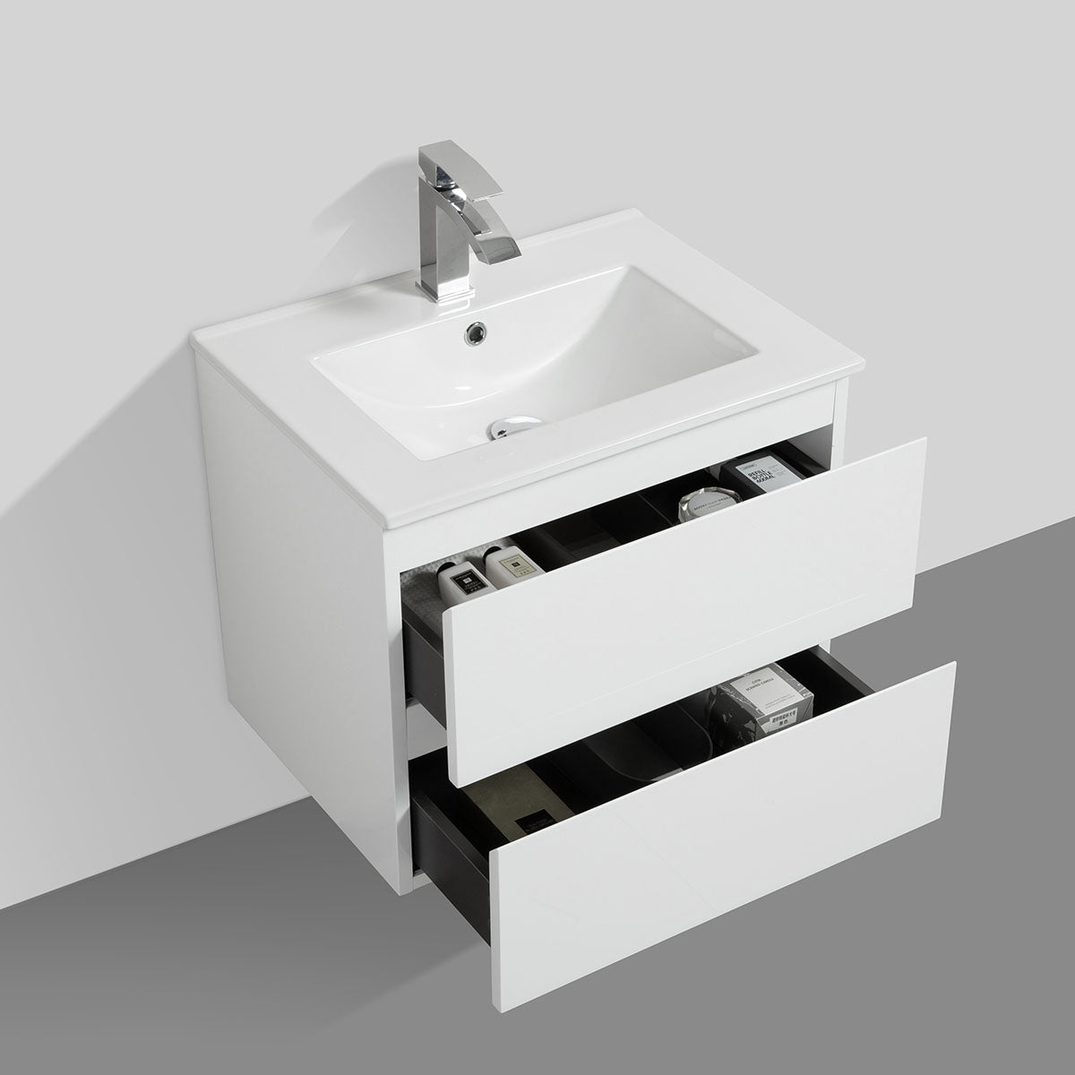 24" V9005 Angela Wall Hung Vanity & Ceramic Sink (Glossy White)