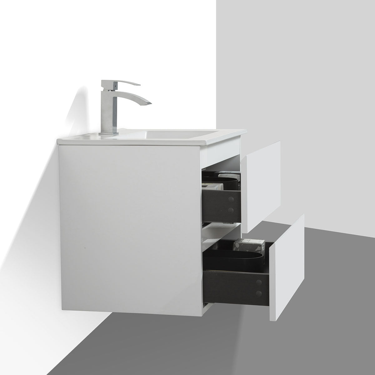 24" V9005 Angela Wall Hung Vanity & Ceramic Sink (Glossy White)
