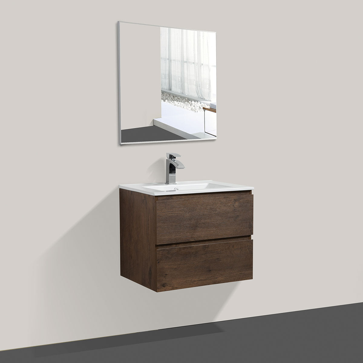 24"  V9005 Angela Wall Hung Vanity & Ceramic Sink (Rose Wood)