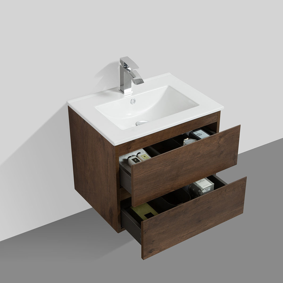 24"  V9005 Angela Wall Hung Vanity & Ceramic Sink (Rose Wood)