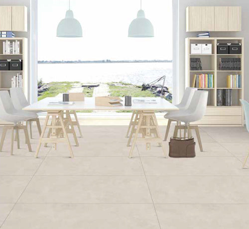 Stylish interior featuring Wicky Tusk Matt tiles, modern furniture, and a scenic waterfront view.