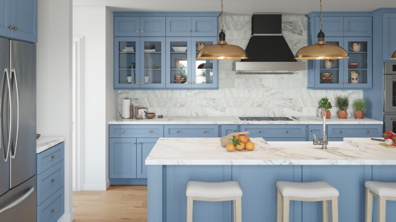 XTerra blue shaker kitchen cabinets featuring a modern design with a stylish island and marble countertops.