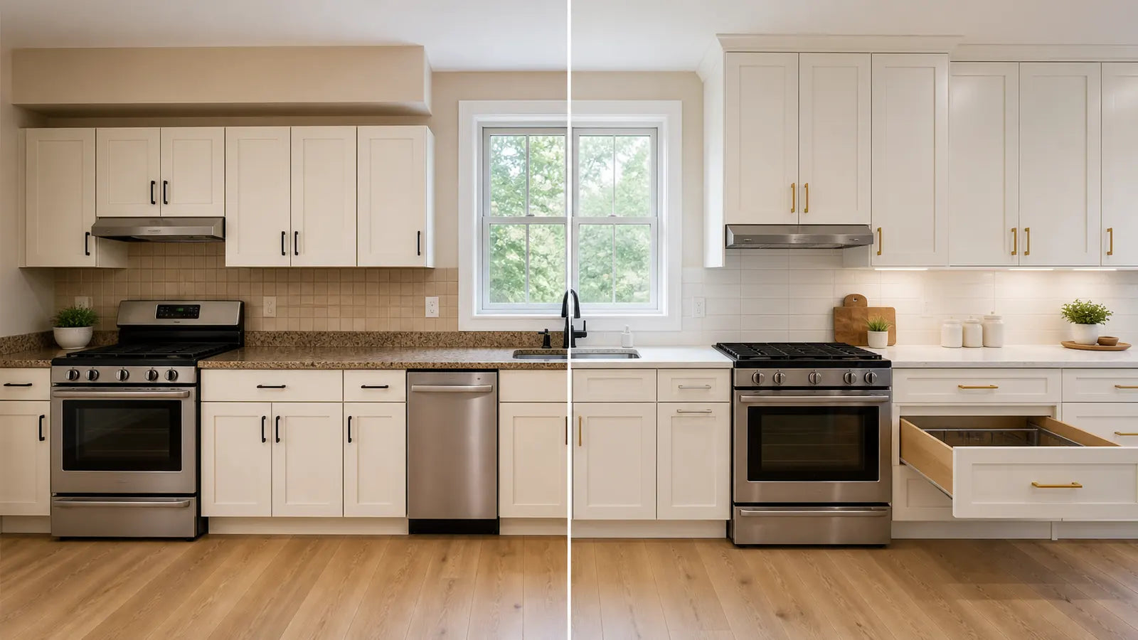 Split comparison of the same kitchen, refaced cabinets with the original countertop on the left and fully replaced cabinetry with a new quartz countertop on the right
