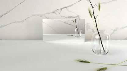 Modern minimalist decor featuring a mirror and a glass vase with greenery on a white surface against a marble backdrop.