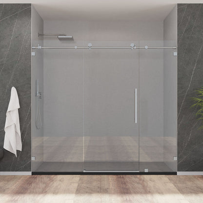 78" MZ Matthew Series Frameless Single Sliding Shower Door with Klearteck Treatment (3/8" Thickness) (3 Panels)(Brushed Nickel)