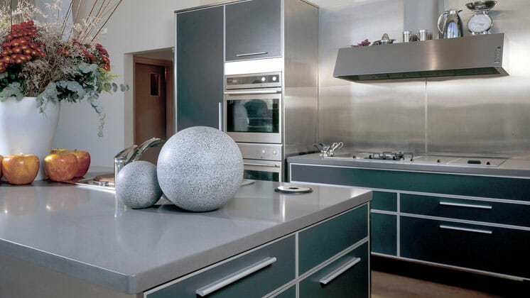 Modern kitchen featuring sleek gray cabinets, stainless steel appliances, and decorative elements for a contemporary aesthetic.