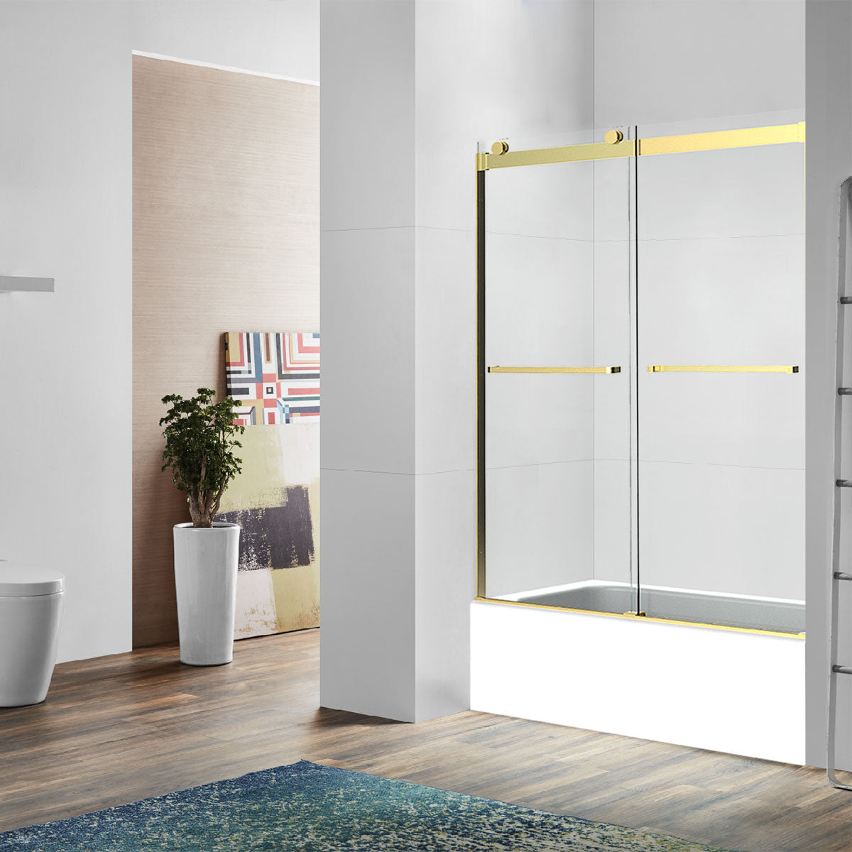 60" Ayden Series Frameless Bypass Shower Door with Klearteck Treatment (3/8" Thickness) (Brushed Gold)