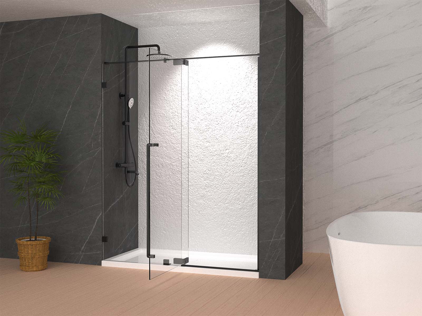 36" AH01 Series Frameless Swing Shower Door with Klearteck Treatment (Fixed 3/8" & Swing 5/16" Thickness) (Matte Black)