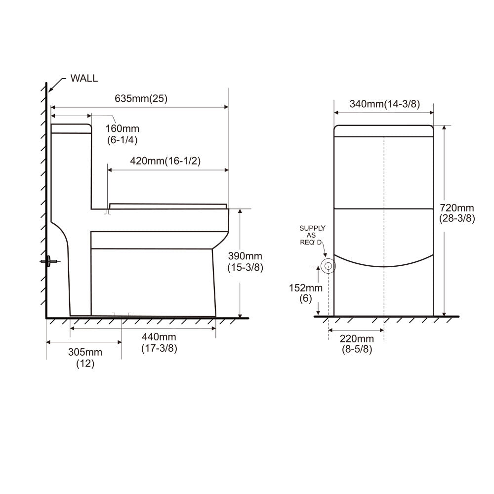  T-2133  One-Piece 25"h Dual Flush Toilet  (12" Rough)
