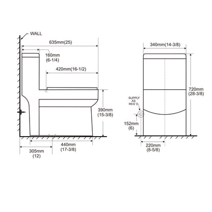  T-2133  One-Piece 25"h Dual Flush Toilet  (12" Rough)