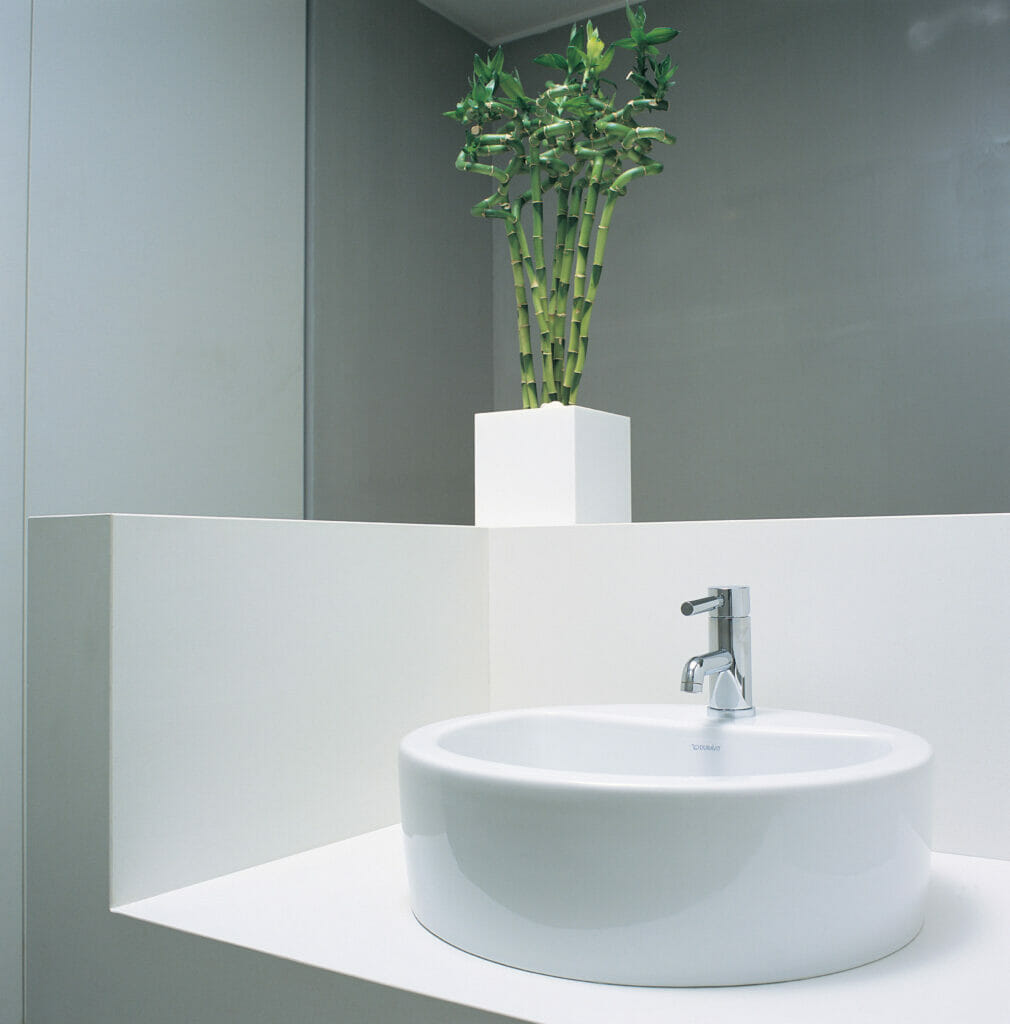 Modern bathroom featuring a round white sink, sleek faucet, and a green bamboo plant in a white pot.