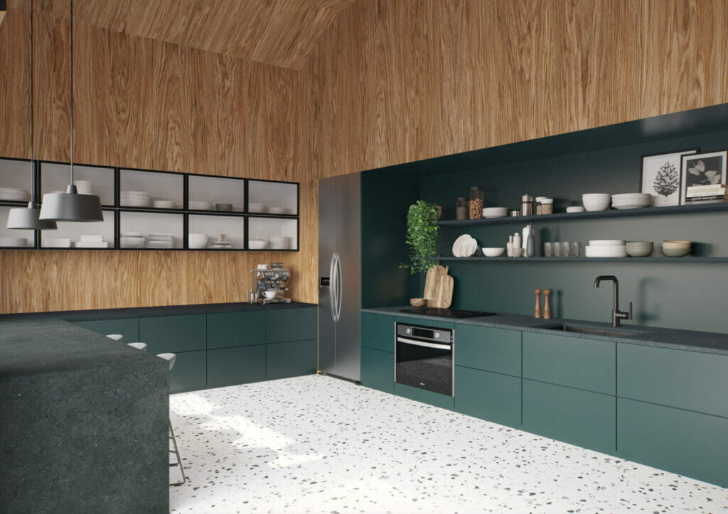 Modern kitchen design featuring green cabinets, wooden wall, and minimalist decor.
