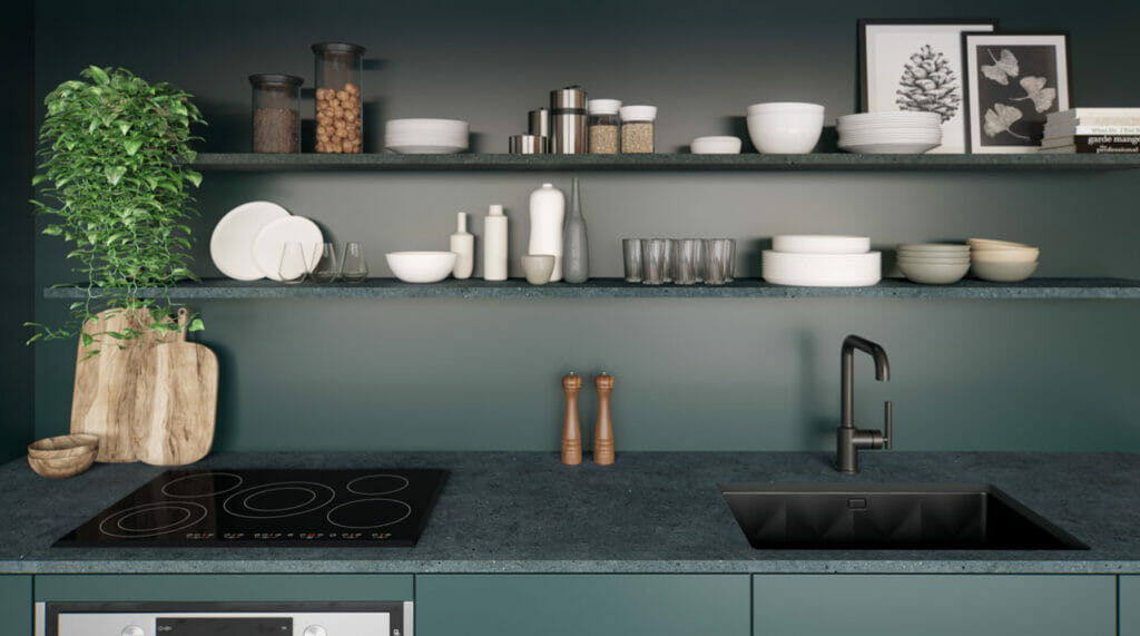 Stylish kitchen featuring 220 Magnate countertop with dark grey flecks and clay-colored grains, complemented by minimalist decor.