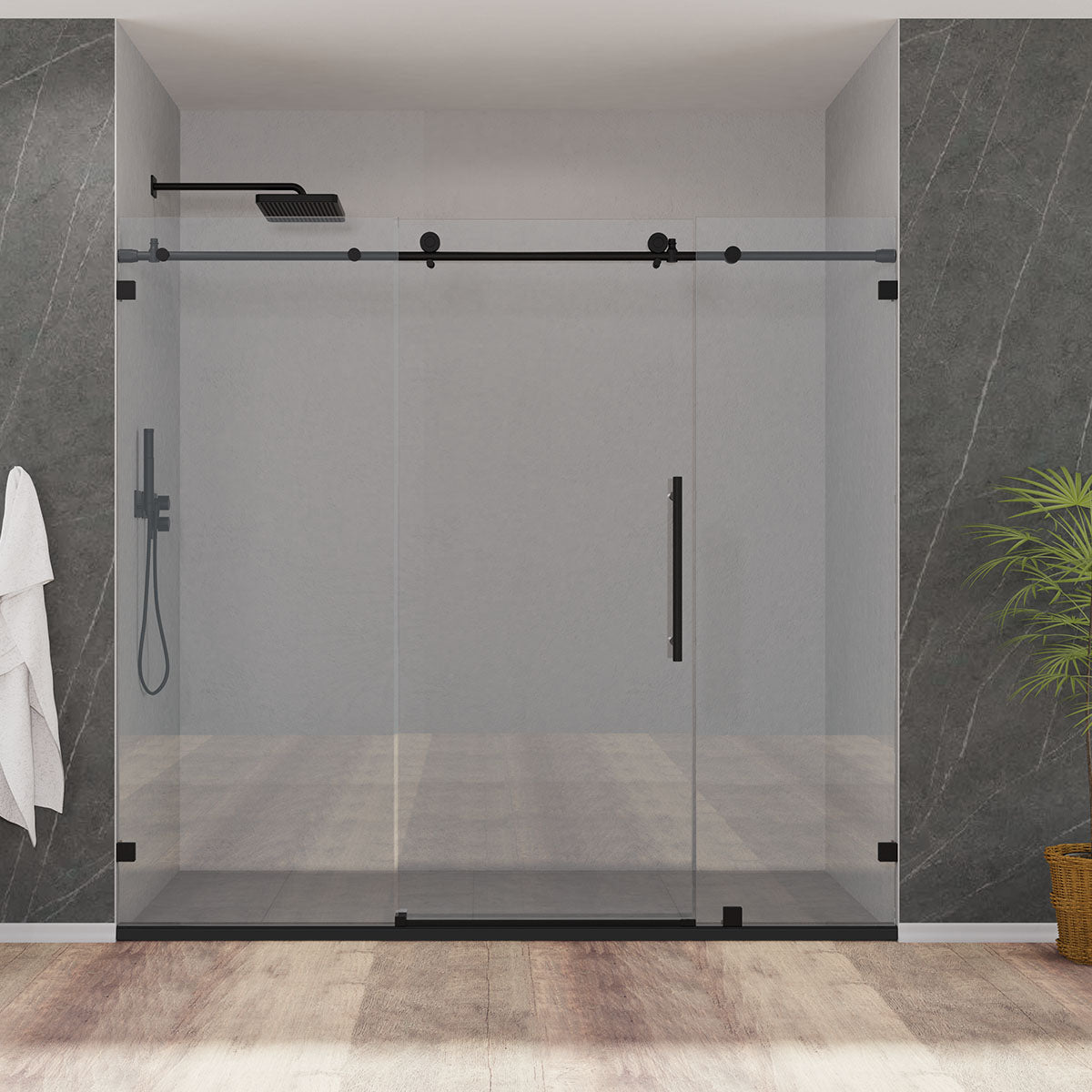 78" MZ Matthew Series Frameless (3 Panels) Single Sliding Shower Door with Klearteck Treatment (3/8" Thickness) (Matte Black)