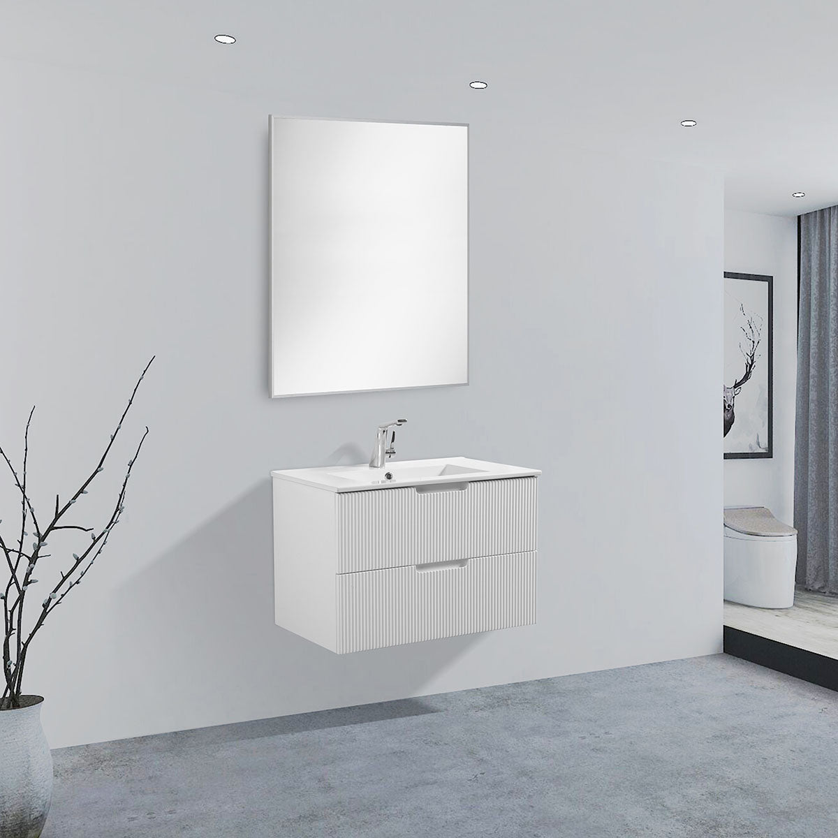 30" V9018 Sylvia Series Wall Hung Vanity & Ceramic Sink (Glossy White)