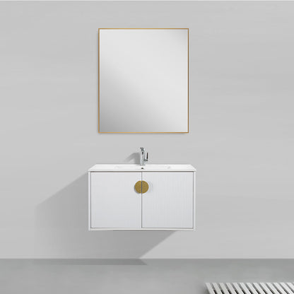 36" V9015 Series Wall Hung Vanity & Ceramic Sink (Glossy White)