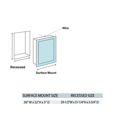30" LED Model 3 Medicine Cabinets (Surface Mount/Recessed) Tempered Mirror 5X Stronger, Temperature Clock