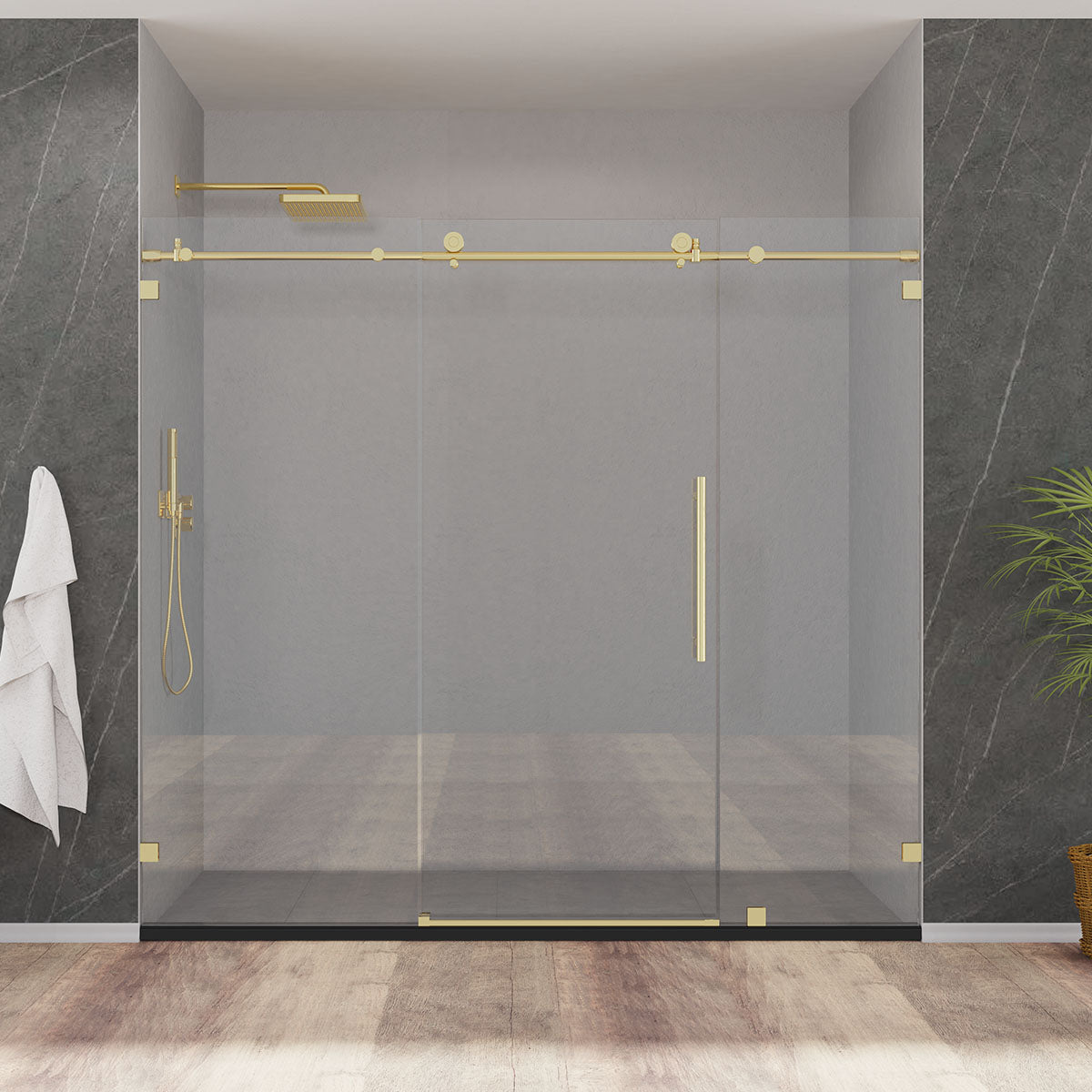 84" MZ Matthew Series Frameless Single Sliding  Shower Door with Klearteck Treatment (3/8" Thickness)(3 Panels) (Brushed Gold)