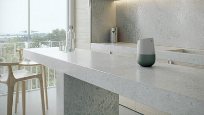 Stylish kitchen featuring 4044 Airy Concrete countertop, showcasing a textured surface with grey hues and elegant decor.