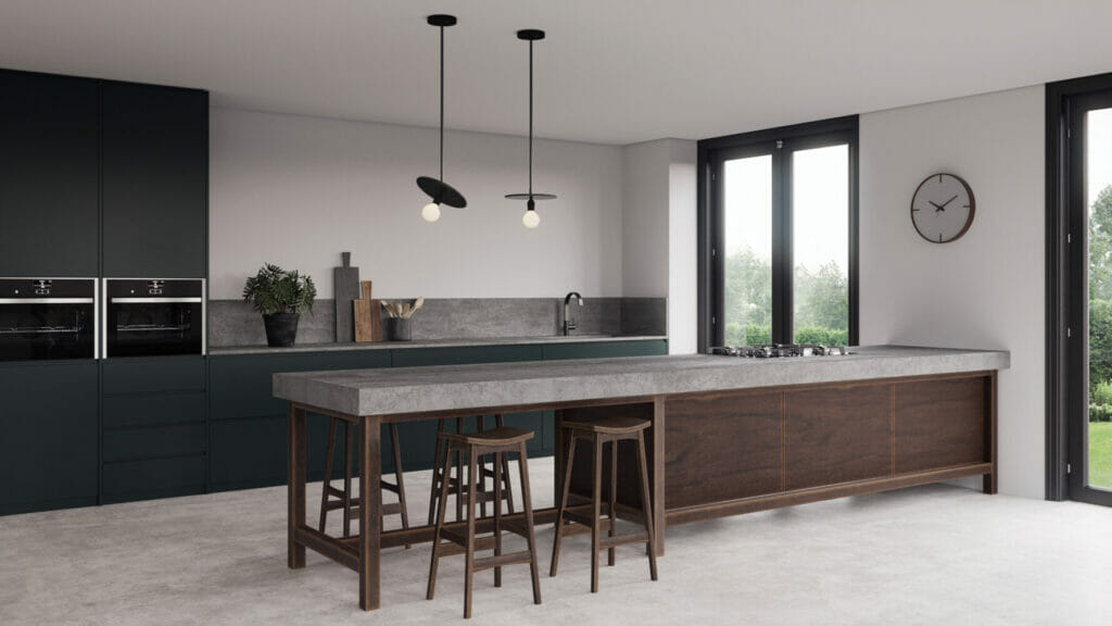 Modern kitchen featuring a concrete island with wooden stools and dark cabinetry, showcasing an elegant design.