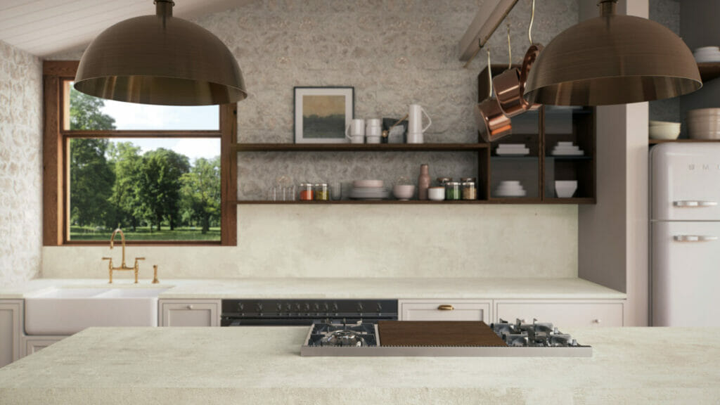 Stylish kitchen featuring whitewashed surfaces, bronze accents, and a warm, tactile Ultra Rough finish with a scenic view.