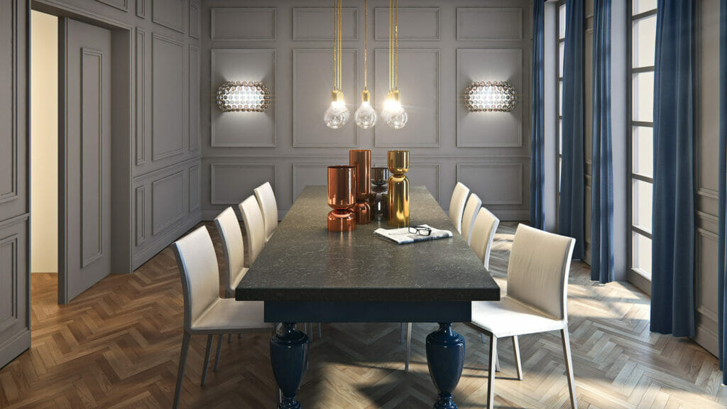 Stylish dining room featuring 5003 Piatra Grey slate table with elegant lighting and modern decor.