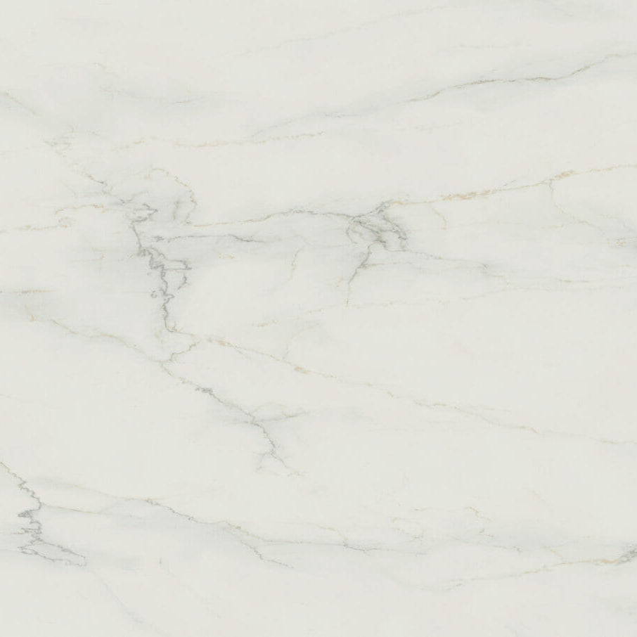 501 Snowdrift: Pure white marble-like backdrop with golden-brown veining and a honed finish, showcasing elegant, misty quality.