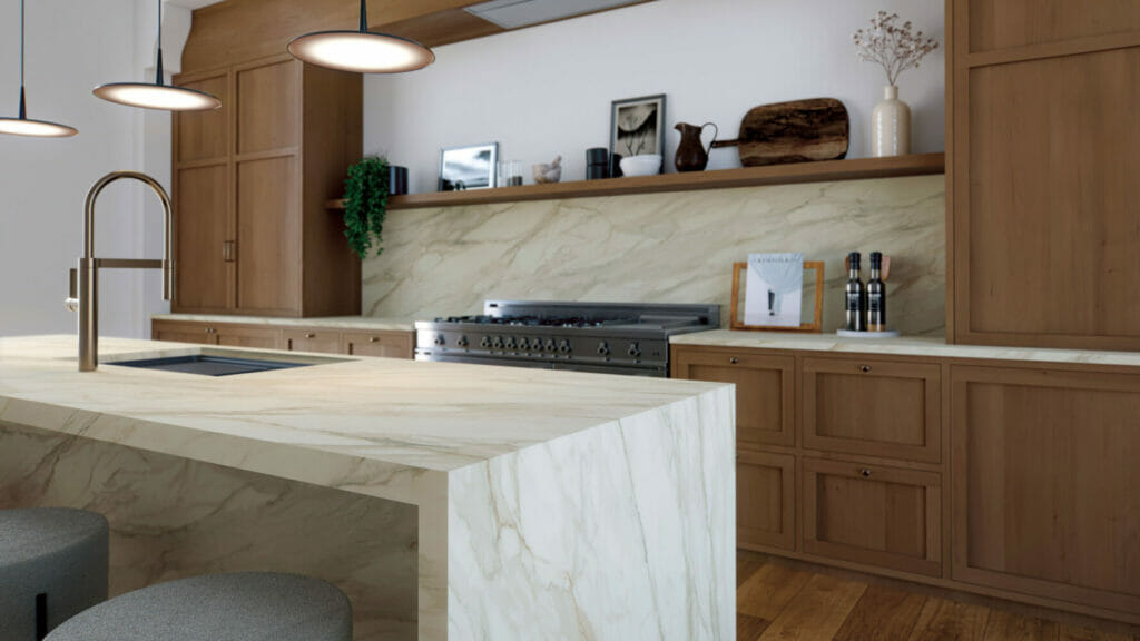 Modern kitchen featuring 506 Mirabel with ivory base and bold charcoal veins on countertops and backsplash.