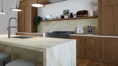 Modern kitchen featuring 506 Mirabel with ivory base and bold charcoal veins on countertops and backsplash.