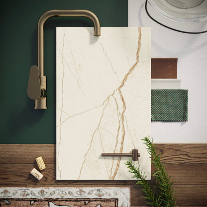 508 Isobellia stone sample with copper veins on off-white, featuring a sleek silk finish and stylish kitchen elements.
