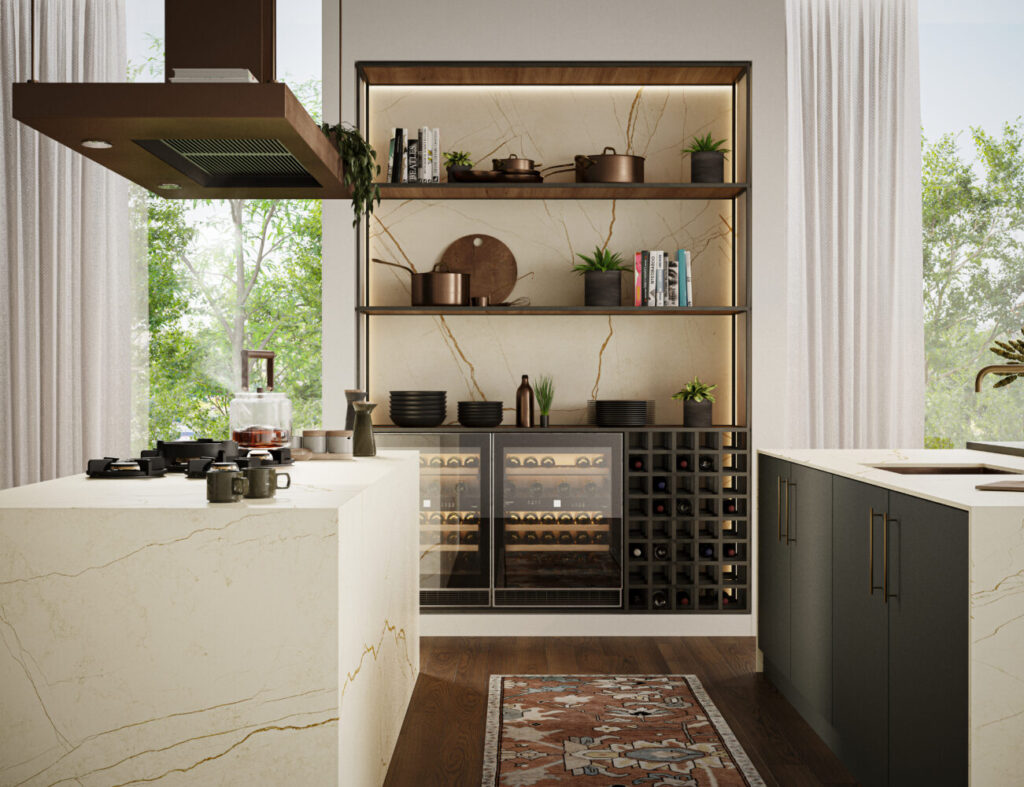 Stylish kitchen featuring 508 Isobellia countertops with oversized veins and textured finishes, elegant decor, and modern appliances.
