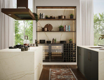 Stylish kitchen featuring 508 Isobellia countertops with oversized veins and textured finishes, elegant decor, and modern appliances.