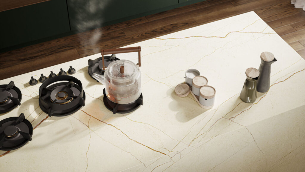 Stylish kitchen countertop featuring the 508 Isobellia design with oversized veins and ancient copper overlay.