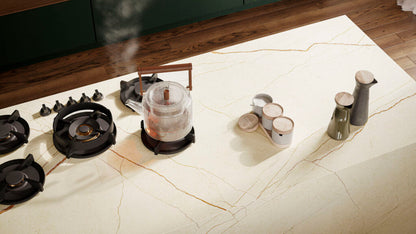 Stylish kitchen countertop featuring the 508 Isobellia design with oversized veins and ancient copper overlay.