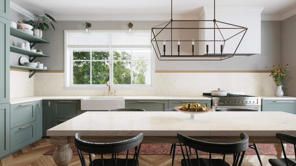 Modern kitchen featuring misty white countertops, earthy veining, and stylish decor, complementing warm natural light.