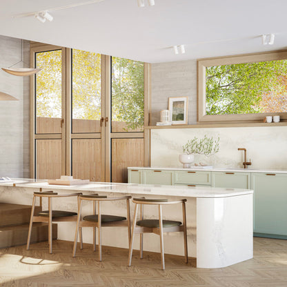 Modern kitchen featuring 5115 Calacatta Stillstorm countertops with bold veins and serene design elements.