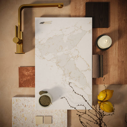 5116 Calacatta Nectar countertop featuring a radiant white base with golden veins, perfect for luxurious designs.