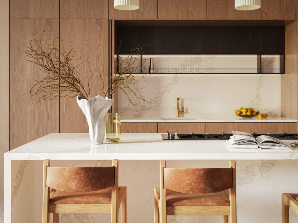 Modern kitchen featuring 5116 Calacatta Nectar countertop with wood cabinets and stylish decor.