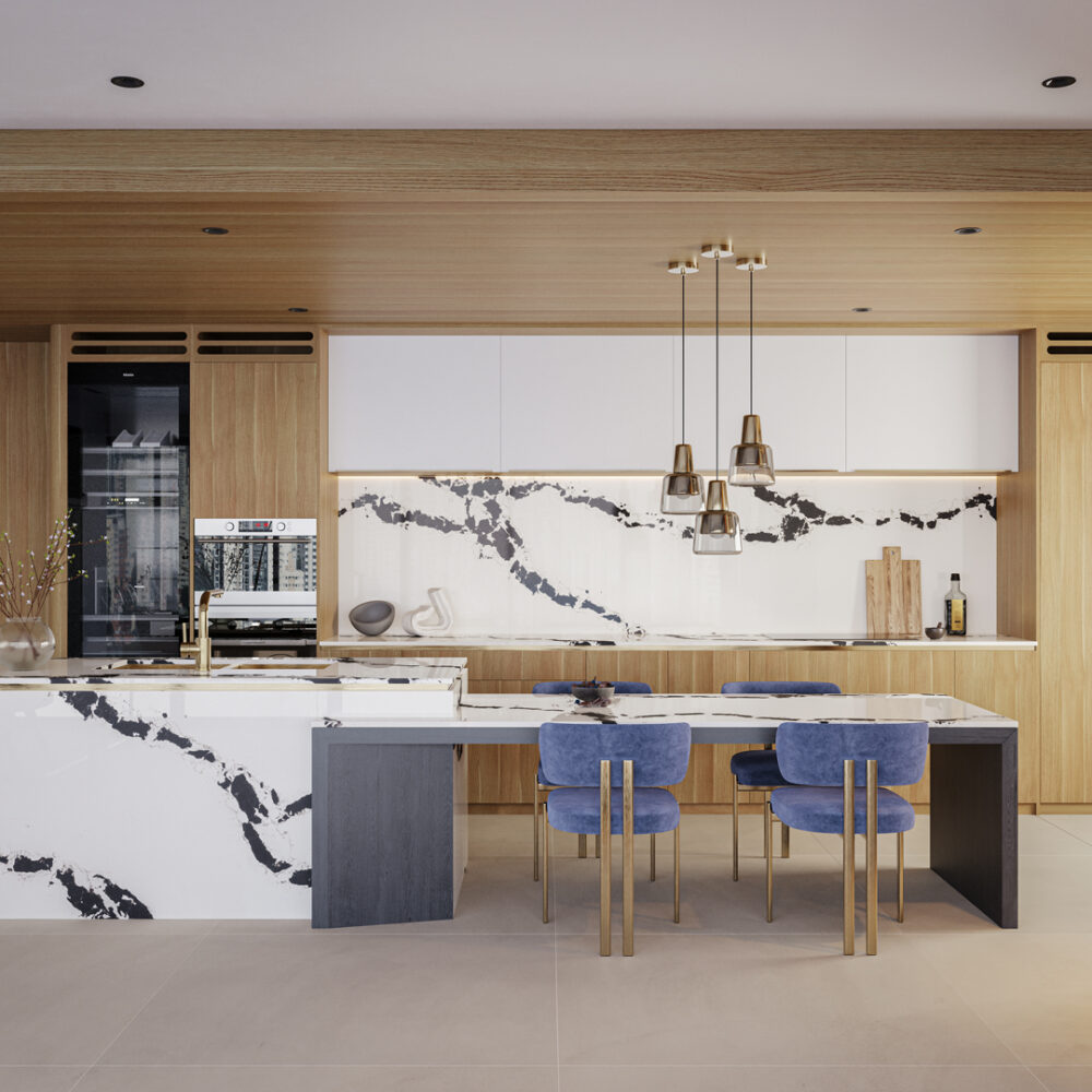 Modern kitchen showcasing 5118 Calacatta Scoria countertop with bold black veins and sleek furnishings.