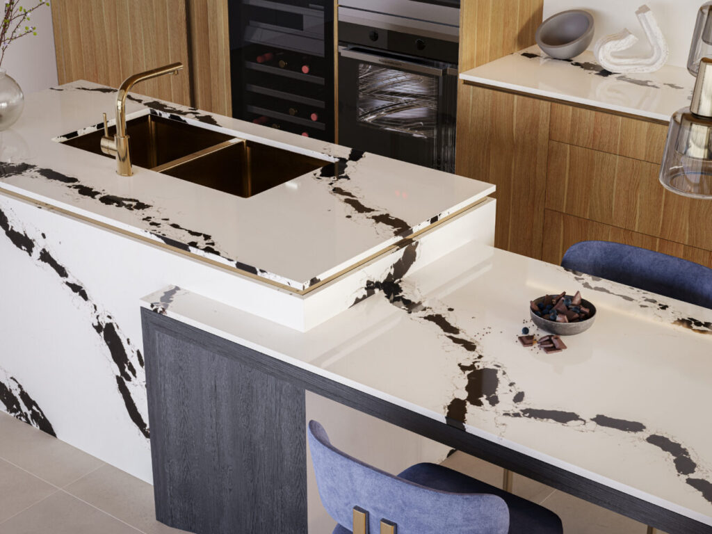 Stunning kitchen featuring 5118 Calacatta Scoria countertop, showcasing bold black veins on a bright white backdrop.