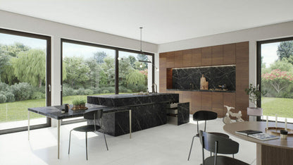 Elegant kitchen featuring 511 Smokestone marble surfaces and modern furniture, surrounded by lush greenery.