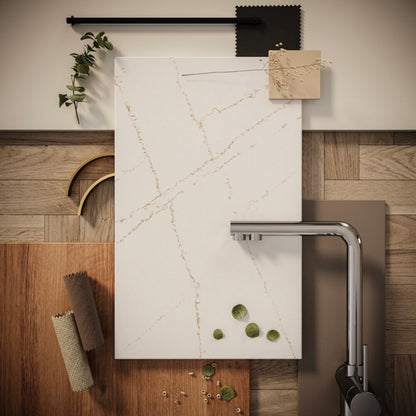 5122 Aterra Verity countertop with bronze and copper veining on white surface, integrated in a modern kitchen setting.