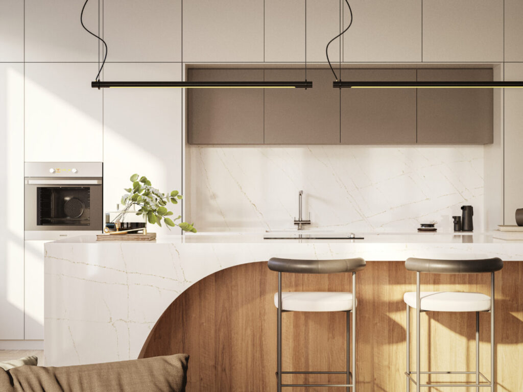 Modern kitchen featuring a white marble island with wooden accents and sleek bar stools, illuminated by contemporary pendant lights.