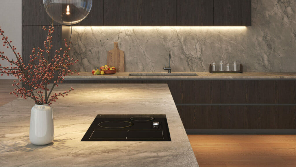 Modern kitchen with 512 Transcenda countertop showcasing oversized marbling and busy veining in a sophisticated design.