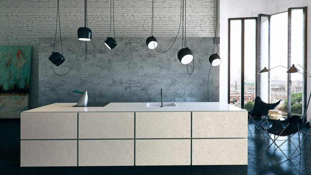 Contemporary kitchen featuring 5130 Cosmopolitan White island, highlighting elegant cream surface with ashen streaks.