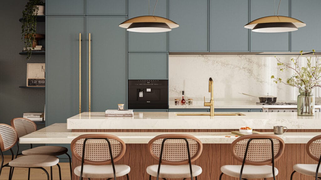 Modern kitchen featuring a creamy white island, blue cabinetry, and stylish seating, exuding contemporary elegance.